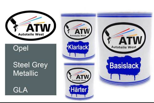 Opel, Steel Grey Metallic, GLA: 1L Lackdose + 1L Klarlack + 500ml Härter - Set, von ATW Autoteile West.